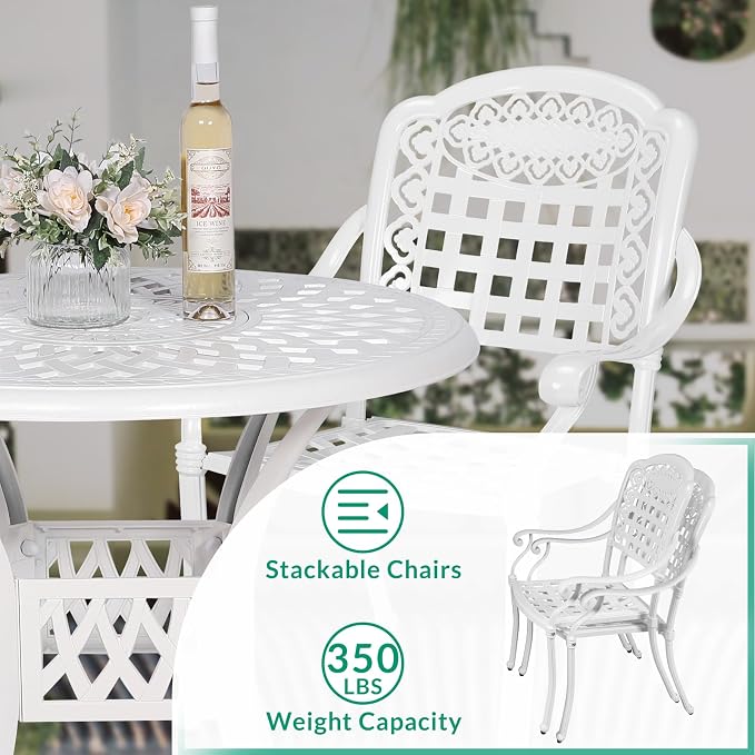 VIVIJASON 3-Piece Outdoor Patio Bistro Set, All-Weather Cast Aluminum Furniture Dining Sets Include 2 Chairs and 31" Round Table w/Umbrella Hole for Balcony, Lawn, Garden, Backyard, White