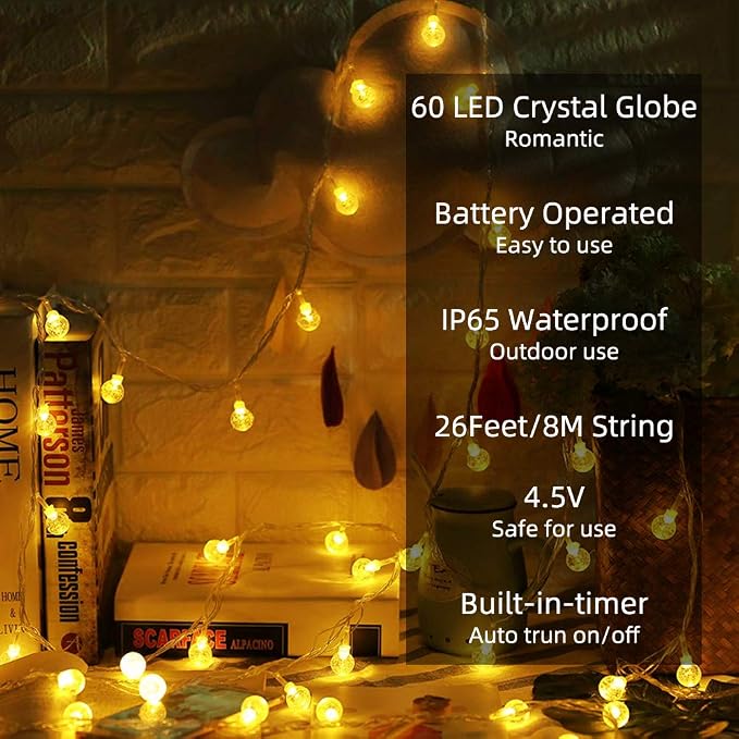 Metaku Globe String Lights Battery Operated Fairy Light 26ft 60LED & Remote | Waterproof Indoor Outdoor Hanging String Lights Decorative Christmas Lights for Home Party Patio Garden Classroom Wedding