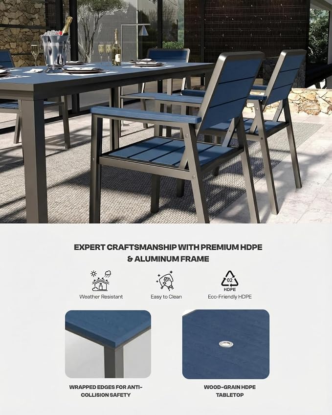 7 Pieces Outdoor Dining Set for 6, Patio Table and Chairs with Umbrella Hole, Aluminum & HDPE Weather-Resistant Furniture for Lawn, Garden, Porch, Balcony, Poolside (Navy)