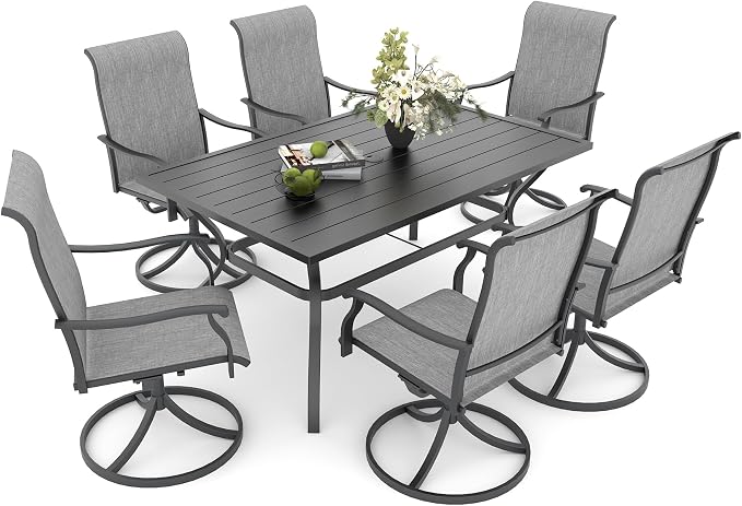 Anmutig 7 Pieces Patio Dining Set, Outdoor Table and Chairs Set for7, 6 x Grey Textilene Dining Chair, 1 Rectangle Outdoor Dining Table with 1.6"/1.9" Umbrella Hole for Lawn Garden Backyard Deck, Grey