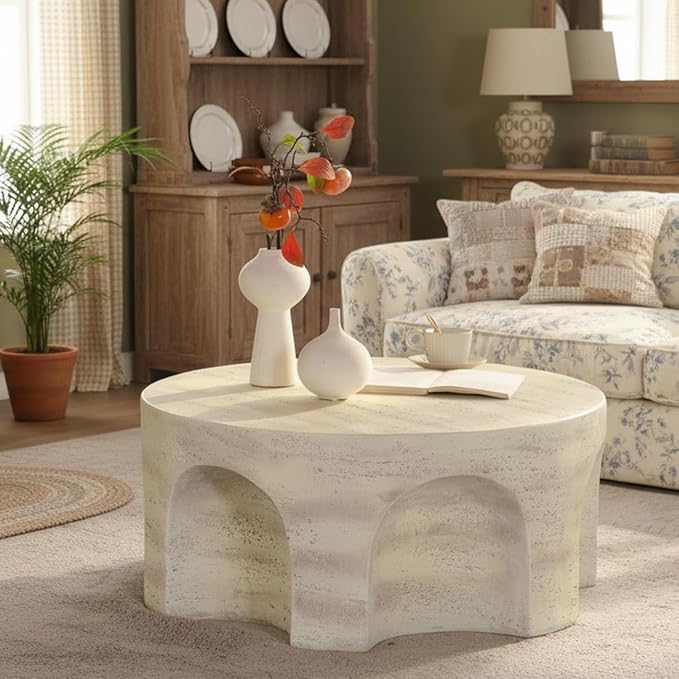 Round Marble Coffee Table 31.5" Faux Stone Coffee Table for Living Room, Modern Travertine Center Table, Magnesium Oxide, No Assembly, Beige