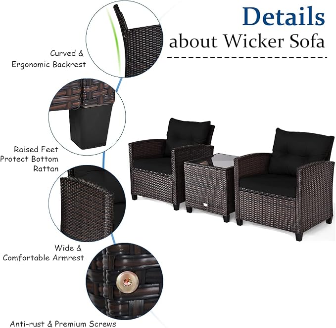 AUGESTER 3 PCS Patio Furniture Set, Outdoor PE Rattan Wicker Conversation Sofa Set w/Washable Cushion and Tempered Glass Tabletop, All Weather Chat Sofa for Garden Poolside Balcony Porch (Black)