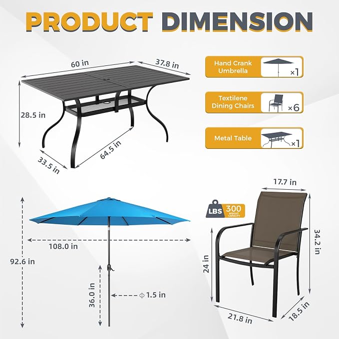 Crownland 7 Piece Patio Dining Set, Textilene Dining Sets, 6 Textilene Metal Chairs and Rectangular Outdoor Dining Table with Sky Blue 9FT Round Outdoor Umbrella (Brown)