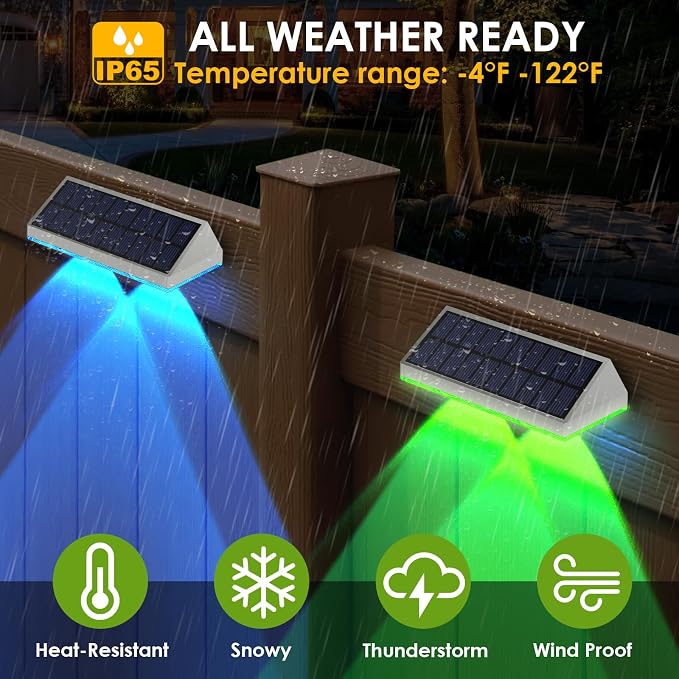 LIANGLOME 2 Pack Solar Fence Lights Outdoor, 2PK Solar Outdoor Light Warm White & RGB Solar Powered Lights for Outside Backyard, Patio, Deck Fence, Stair Handrail, Pool and Wall
