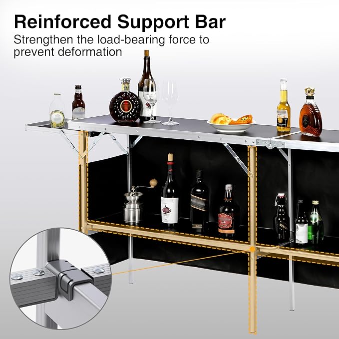 REDCAMP Portable Bar Table, Pop Up Folding Mobile Bar Bartender Table Podium Table with Side Rack for Events, Party, Camping, Tradeshow, Exhibition, Easy Setup, Black, 111"x33"x15"