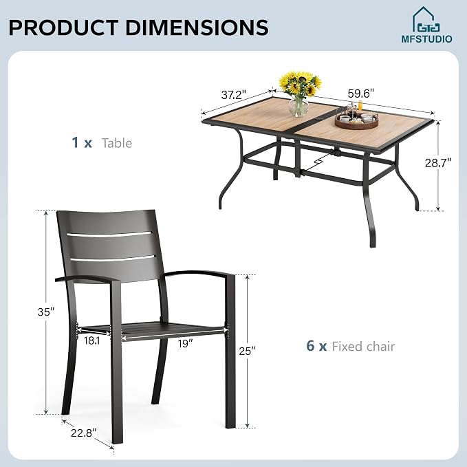 MFSTUDIO Patio Dining Set for 6, Metal Outdoor Table and Chairs Set, 7 Piece Wrought Iron Patio Furniture Dining Set for Deck Backyard Garden