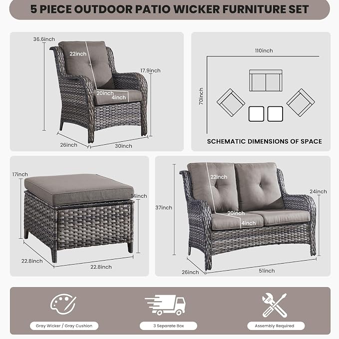 Belord Outdoor Wicker Furniture 5 Pieces Patio Furniture Set Patio Wicker Chairs with Ottomans Conversation Set for Porch Garden Deck Balcony Poolside