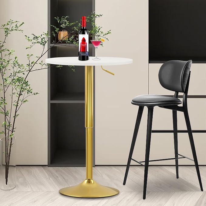CLATINA Round Bar Pub Table, 26"-36" Height Adjustable Bistro Tables with Gold Base, 360°Swivel High Top Cocktail Table for Home Kitchen Party Drink Restaurant Wedding Cafe Office Reception,White,2PK