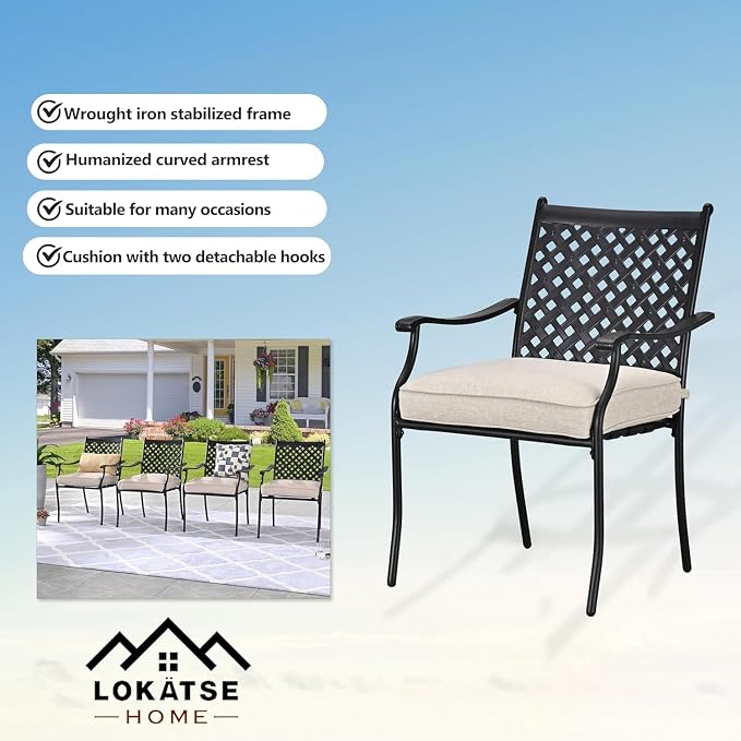 LOKATSE HOME 5 Piece Outdoor Patio Metal Dining Set with 4 Outdoor Iron Arm Dining Chairs with Seat Cushions and 1 Outdoor Dining Table with Umbrella Hole-White