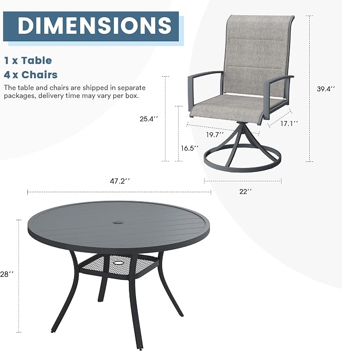 DIFY 5 Piece Outdoor Patio Dining Set for 4, 47.2" Round Metal Dining Table and Swivel Patio Chairs with Padded Textilene, All-Weather Outdoor Furniture Set for Garden Backyard Porch, Grey