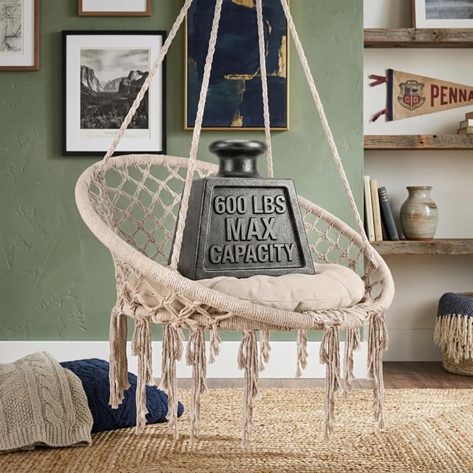 Cotton Woven Hammock Chair, 600 LBS Light Beige Handmade Macrame Hammock Without Stand, Indoor Outdoor Hammock for Patio Bedroom Garden Reading Decor