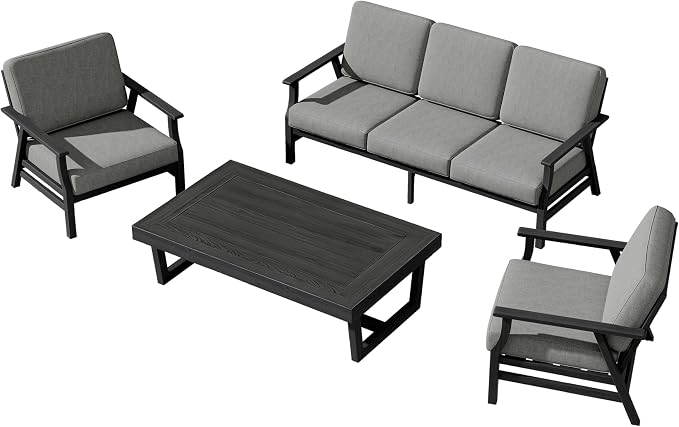 4 Pieces Patio Furniture Sets, Black Wood Outdoor Sectional Furniture with Coffee Table, 5 Seats Patio Sofa Couch Conversation Set for Backyard Deck - Gray