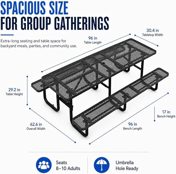 8FT Commercial Outdoor Metal Picnic Table with Umbrella Hole, Heavy-Duty Steel Patio Table & Benches, Seats 8-10 Adults, Weatherproof for Parks, Schools, Campgrounds & Backyards (Black)