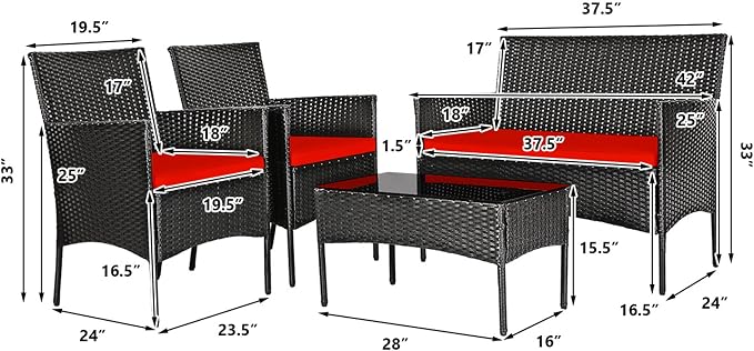 DORTALA Wicker Patio Furniture Set 8 Piece, Rattan Outdoor Table and Chairs Set with Loveseat, Cushions, All Weather Balcony Conversation Sofa Set for Porch, Backyard, Deck, Red