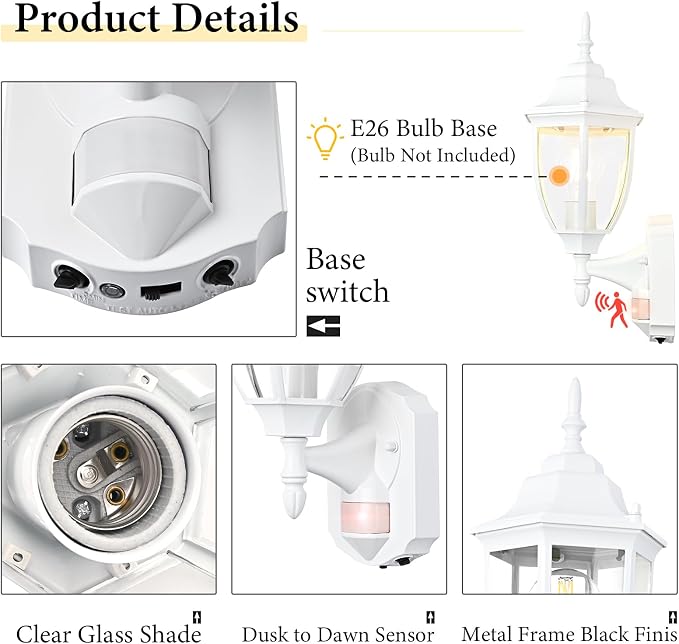 Porch Lights Outdoor Motion Sensor Wall Sconce Anti-Rust Aluminum, Exterior Outdoor Wall Lights Dusk to Dawn Porch Light Fixture Wall Mount for House Outside Patio 2Pack White
