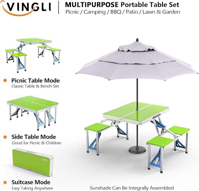 VINGLI 4Ft Portable Folding Picnic Table Camping Table Foldable Set with 4 Seats with Umbrella Hole Suitcase Card Table-220 Lbs Support Aluminum Frame, Plastic RV Tabletop for Yard, Travel-Black