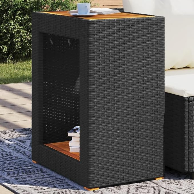 vidaXL Patio Side Table with Wooden Top, Exterior Tea Table with Storage, Rectangular Coffee Table for Garden Backyard, Modern, Black Poly Rattan
