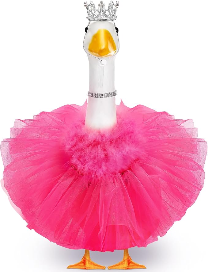 4 Pcs Princess Porch Goose Outfit for 23" 17" Cement Lawn Goose Costume Crown Necklace Tutu Skirt Feather Trim(Rose Red)
