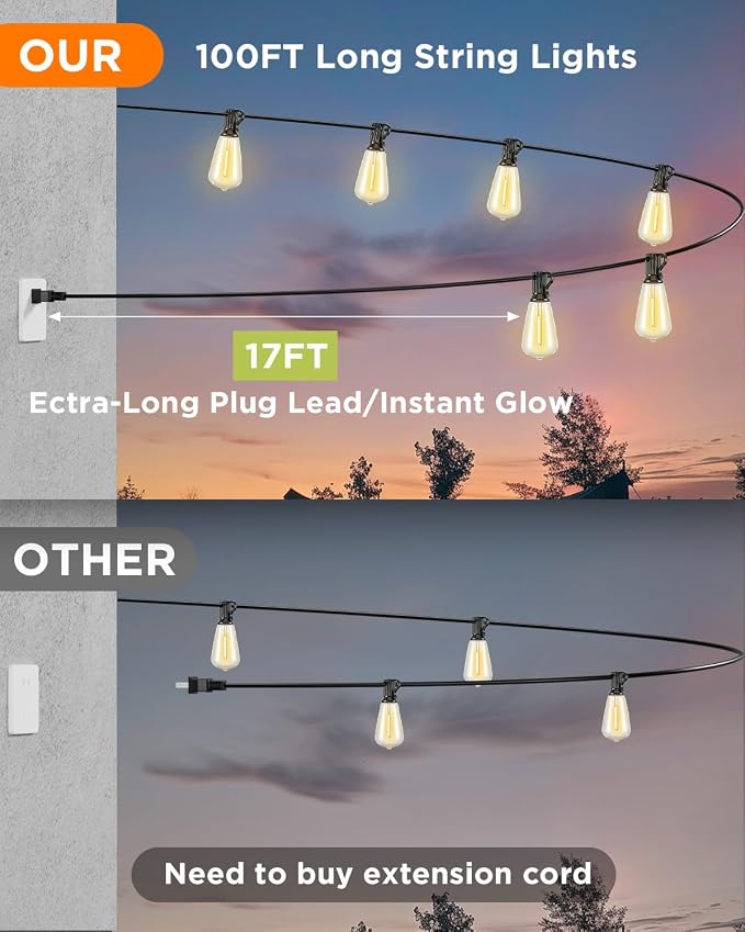 VOLIVO 100FT Outdoor String Lights for Patio, Waterproof Hanging Lights | 35+1 Shatterproof ST38 Edison Bulbs, Dimmable & Connectable Outside String Light for Backyard, Deck, Porch, Balcony