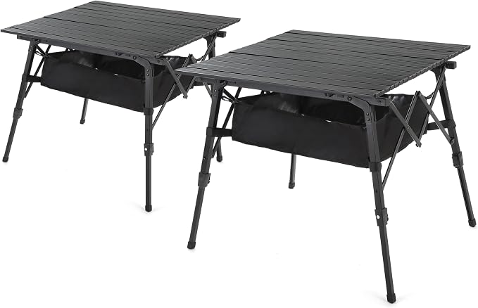 ARROWHEAD OUTDOOR 2-Pack 39" Aluminum Folding Camp Roll Up Table w/Adjustable Height, Undertable Mesh Storage, Carry Bag