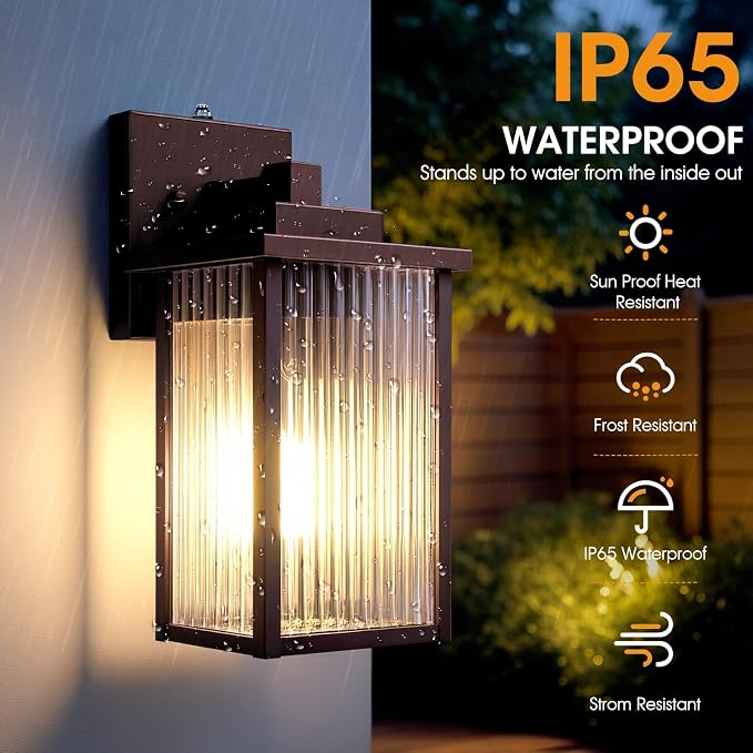 13" Bronze Dusk to Dawn Outdoor Light, Exterior Light Fixture | Auto On and Off, Anti-Rust Metal Frame, Tempered Glass, E26 Socket, Easy DIY Install on Porch, Garage