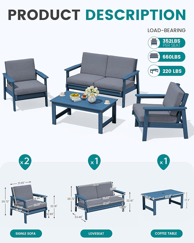 SERWALL 4 Piece HDPE Outdoor Furniture Set, All Weather Wood-Like Outdoor Sofa Sectional Couch, Blue Patio Furniture Set with Grey Cushions