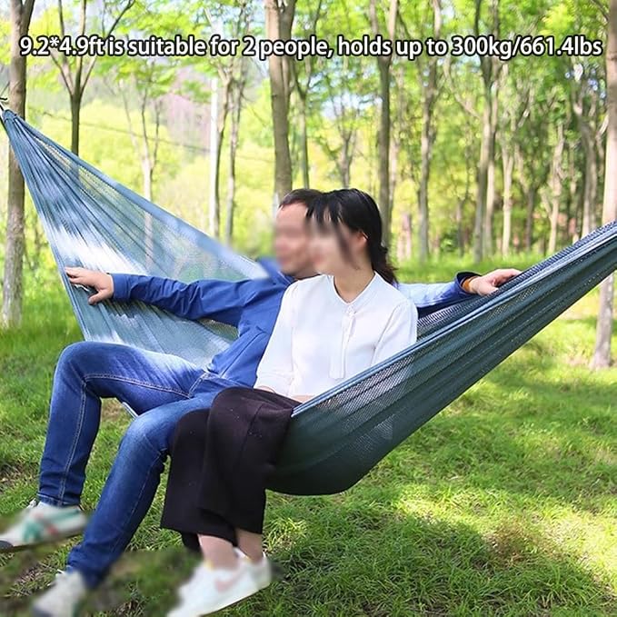 Summer Breathable Ice Silk Hammock, Outdoor Portable Double Hanging Bed, Park Leisure Swing with Straps, Load Bearing 300kg/661.4lbs(Blue-Grey)