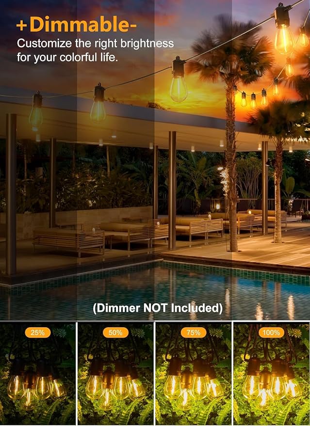 Brightown Outdoor String Lights, 50FT 15 Bulbs Shatterproof Patio Lights | IP65 Waterproof Dimmable Hanging Connectable LED Outdoor Lights for Backyard, Bistro, Porch, Deck, Balcony
