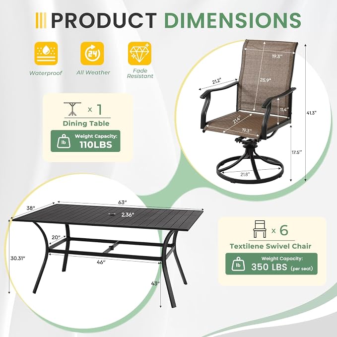LVUYOYO 7-Piece Outdoor Patio Dining Set, Textilene Swivel Chairs & Rectangular Table Set, All-Weather Table and Chairs Set with Umbrella Hole for Backyard, Garden,Balcony,Porch (Brown)