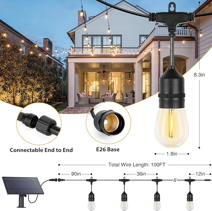 ZJOJO Solar String Lights Outdoor Waterproof 100FT Edison String Lights | Commercial Grade S14 Shatterproof Bulbs Patio Lights Solar Powered Outdoor,Hanging Lights for Cafe Patio Backyard Bistro Farm