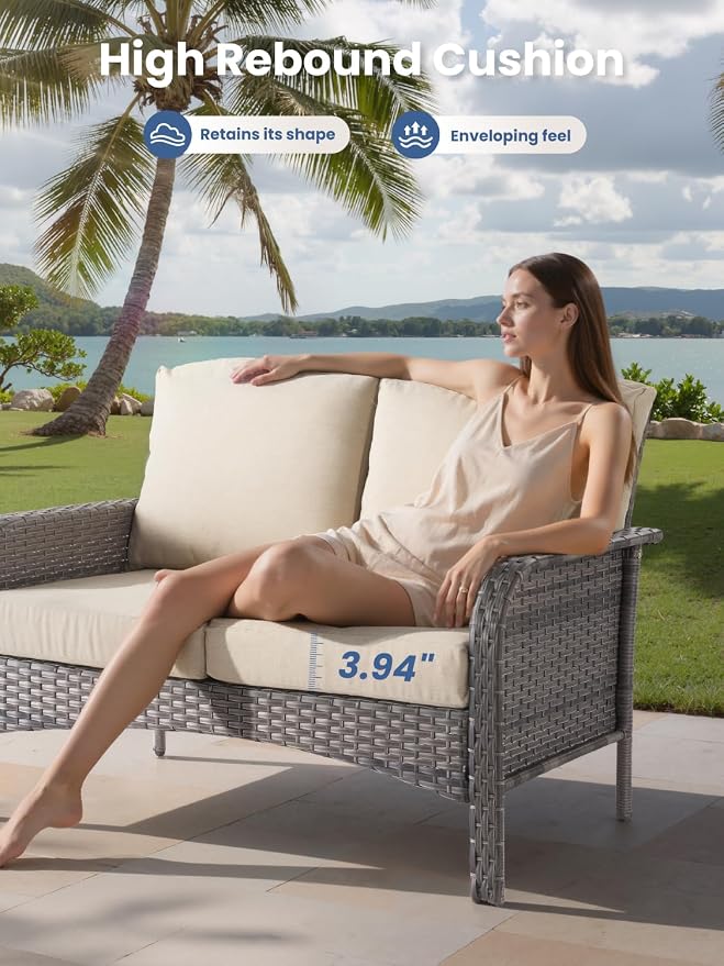 5-Piece Outdoor Patio Furniture Set with Swivel Chairs, Outdoor Conversation Wicker Sofa with Coffee Table, Rattan Couch for Deck Yard Poolside, Beige