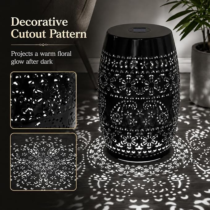 12" Outdoor Solar Side Table, Multi Functional Decorative Cutout Metal Round Side Table, Coffee Table, Night Stand, Plant Stand for Patio, Garden, Backyard, Gazebo Indoor (Black)