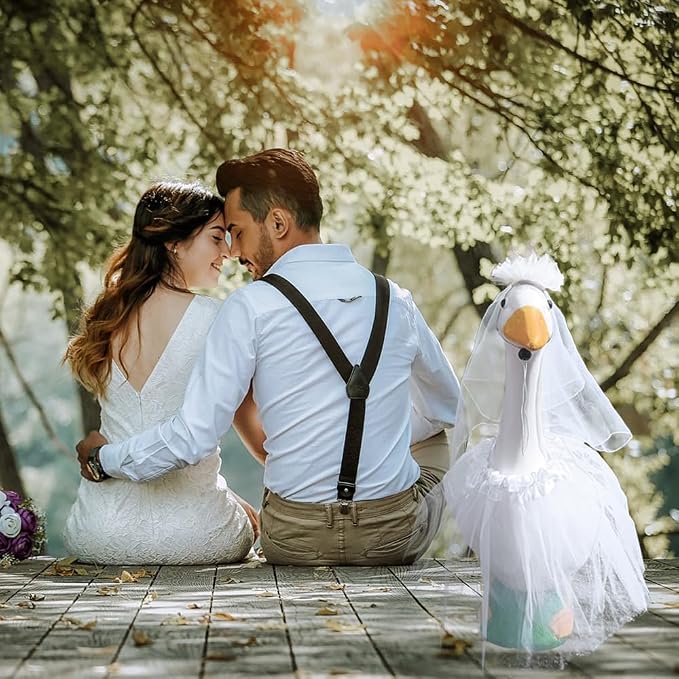 Wedding Porch Goose Outfits, Princess Themed Costume with Crown, Tiara, Veil & Tutu Skirt – Fits 17''/23'' Lawn Goose, White Lawn Decor for Garden & Wedding Events