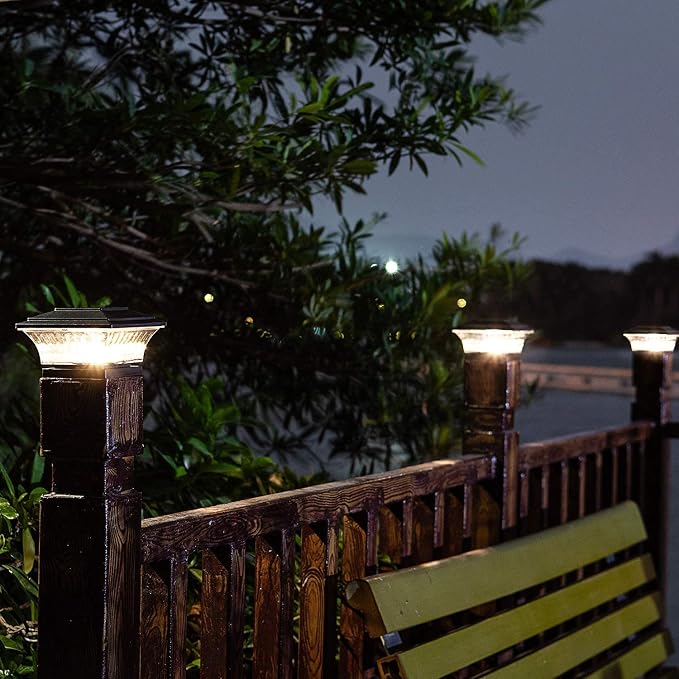 HUYIENO Solar Post Cap Lights Outdoor LED Lighting Deck Fence Cap Light Two Light Modes Warm White/Bright White Suitable for 4x4 Wooden Posts Black 4PK