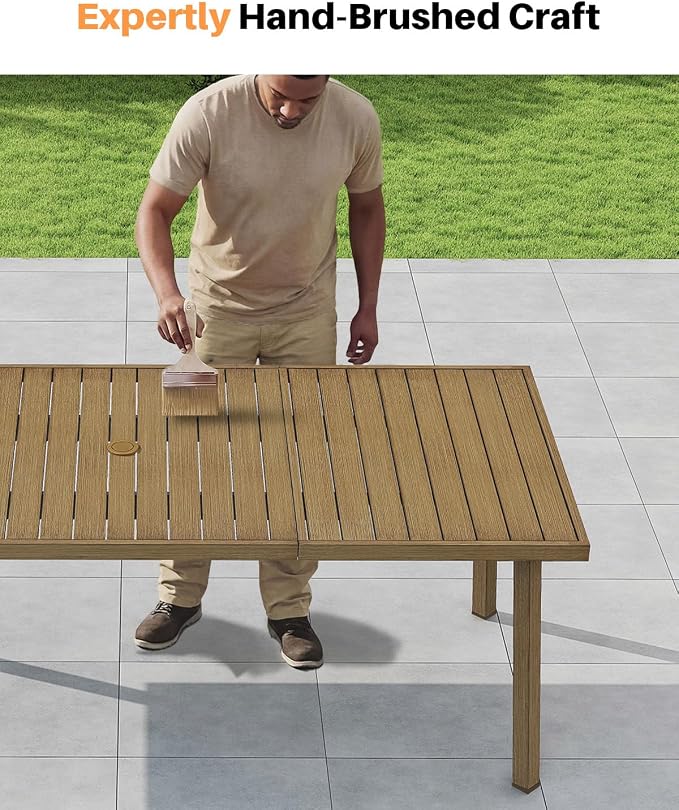 Outdoor Dining Table for 8, Never-Rust Aluminum Patio Dining Table, 82"×35" Large Rectangle Patio Table with Umbrella Hole, Outdoor Table with Wood-Like Texture for Commercial, Backyard, Teak