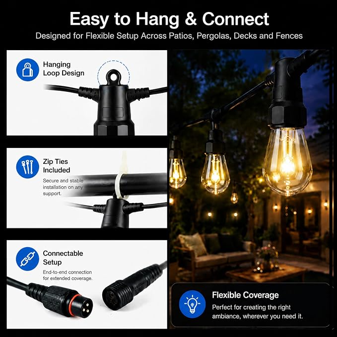 Outdoor String Lights 27FT, RGBW Patio Lights with App & Remote Control | 10 ST14 bulbs, RGBW color modes, app control, remote control, music mode, timer, patio decor