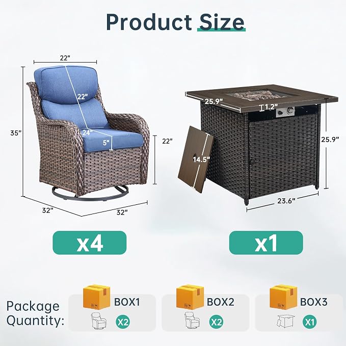 Outdoor Swivel Rocker Patio Chairs Set of 4 with Fire Table - 5" Thick Cushion 5 Piece Furniture Set with Fire Pit Table All Weather Wicker Conversation Set for Porch Deck - Brown/Blue