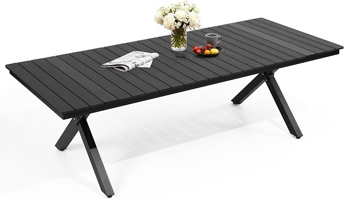 Pellebant 94" Outdoor Dining Table for 8-10, 8ft Aluminum Patio Table with Umbrella Hole, Weather Resistant Black Wood Grain Tabletop and Sturdy Frame for Deck, Porch, Backyard