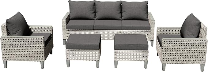 Outdoor Patio Furniture Set 7-Piece Modular Wicker Sectional Sofa with Ottomans and Thick Cushions, Modern Rattan Outdoor Conversation Couch for Garden Backyard, Black