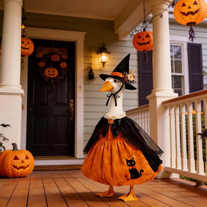 Halloween Porch Goose Outfit 23 Inch Porch Goose Clothes for Holiday | Pumpkin Dress Cape Witch Hat, Thanksgiving Goose Outfit, Christmas Goose Clothes, Holiday Costume for Lawn Geese Status