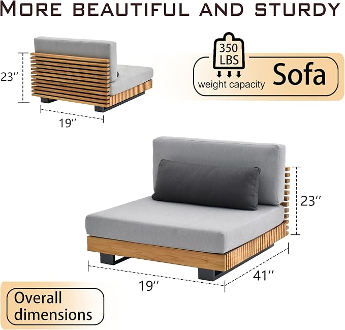 OTSUN Outdoor Sofa, Teak Wood Armless Slatted Base & Aluminum Frame Single Seat Weather Resistant for Patio Backyard Poolside