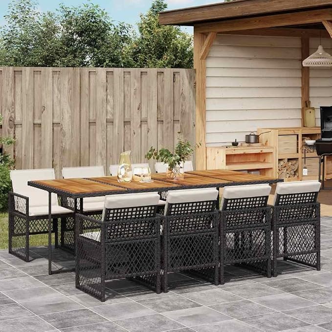 9-Piece Garden Dining Set, Black PE Rattan Outdoor Table and 8 Chairs with Cream Cushions, Large Foldable Patio Furniture for Backyard, Terrace and Deck, Seats 8