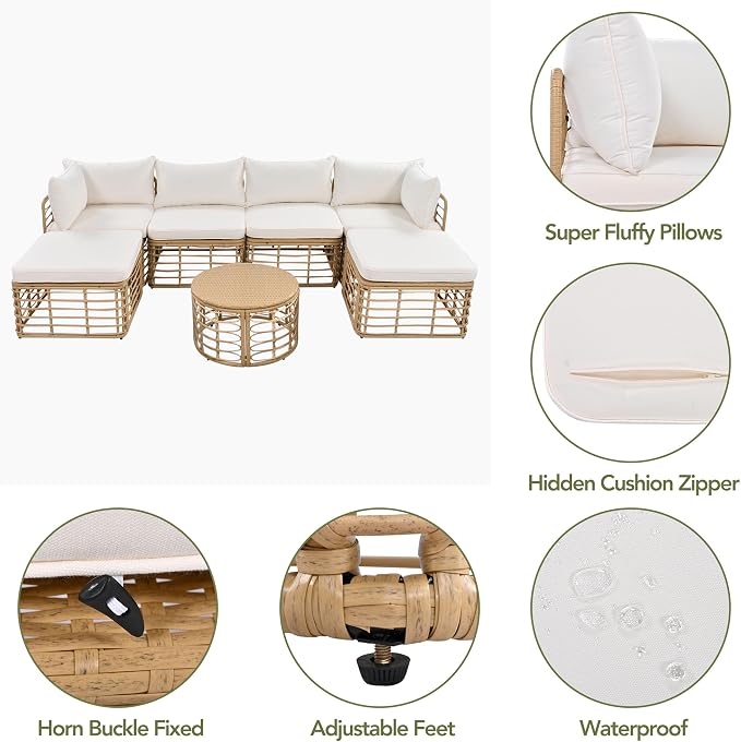 LUMISOL 7 Piece Patio Furniture Set, All-Weather Rattan Sectional Sofa Set with Thick Cushions and Pillows, Freely Combined Conversation Sets for Garden, Backyard, Balcony, Beige