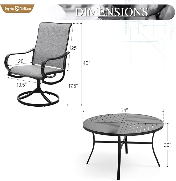 Sophia & William Outdoor Dining Set Patio Dining Set for 6 Round Patio Table and Chairs Set 7 Pieces Patio Set with Swivel Patio Chairs 54" Metal Table for Garden Pool All Weather Grey