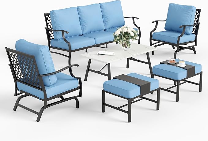 SUNSHINE VALLEY 6 Piece Metal Outdoor Patio Furniture Set, Patio Conversation Set 1 3-seater Sofa, 2 Rocking Chair, 2 Ottomans with 5.75" Thick Cushion and Coffee Table, Black Backyard Furniture, Blue