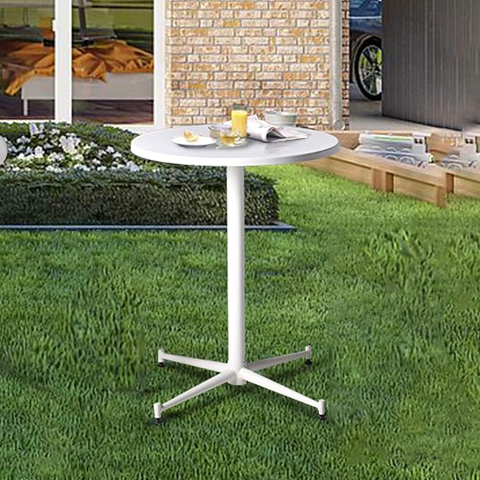 LOKKHAN Premium Steel Patio Backyard Dining Table, Indoor-Outdoor Garden Cafe Bar Table, Heavy Duty Round Metal Side Table, White, Waterproof, (27.56" Diax29.5 H)