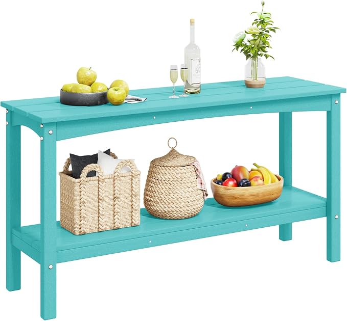 Costaelm Adirondack Outdoor Side Table, 55” HDPE Small Outside Table with Storage Shelf, Weather Resistant Plant Shelf, Outdoor Coffee Table and Buffet Table for Pool & Yard, Turquoise