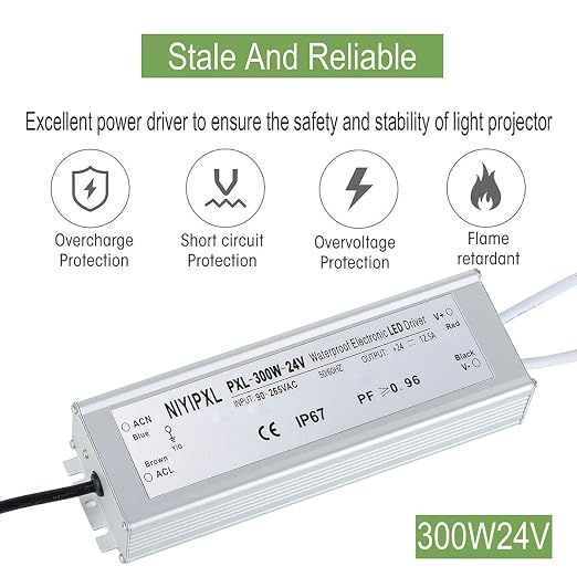 LED Driver 300 Watts(150W X2) 24V DC Transformer， Waterproof IP67 Power Supply, 24V DC Low Voltage Output Adapter with 3-Prong Plug 3.3 Feet Cable for LED Light, Computer Project, Outdoor Light