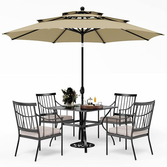 PHI VILLA 5-Piece Patio Dining Set, 37" Square Metal Table, Fixed Chairs | Cushions Chairs, 10ft Umbrella Included, Beige, All-Weather Use