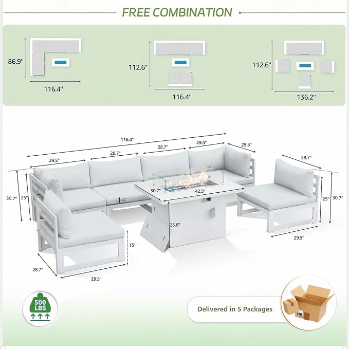 RADIATA 6 Person Large Modern Aluminum Outdoor Patio Furniture Set with Fireplace, 29" Wide Deep Seating, U Shaped Combo Sectional Couch, Water Resistant Conversation Set for Backyard Terrace, White